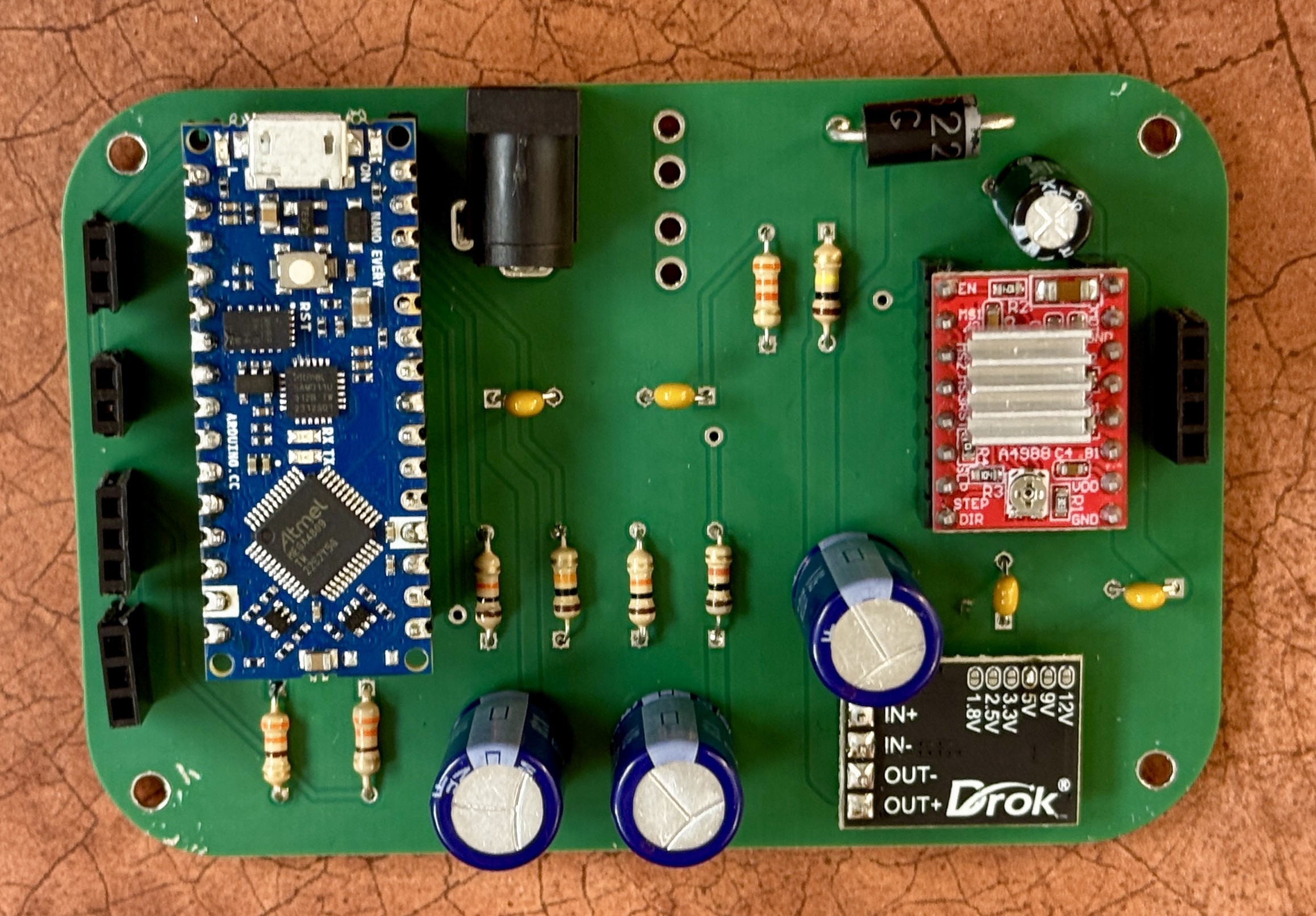 Bowl4All printed circuit board with Arduino Nano, LED, button, capacitor, and fuse connections